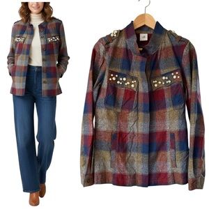 CAbi Multicolor Collage Plaid Utility Zip Up Flannel Jacket Size S Pearl Accents